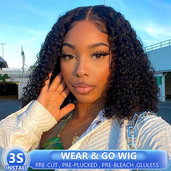 Kinky Curly 4x6 Wear & Go Short Bob Wig Pre-Bleach Knots Human Hair Glueless Pre-Cut Air Lace Wig