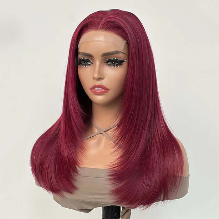 Layered Cut Glueless Burgundy Lace Front Human Hair Wig 99J Wine Red Colored 13x4 HD Transparent Lace Frontal Wig