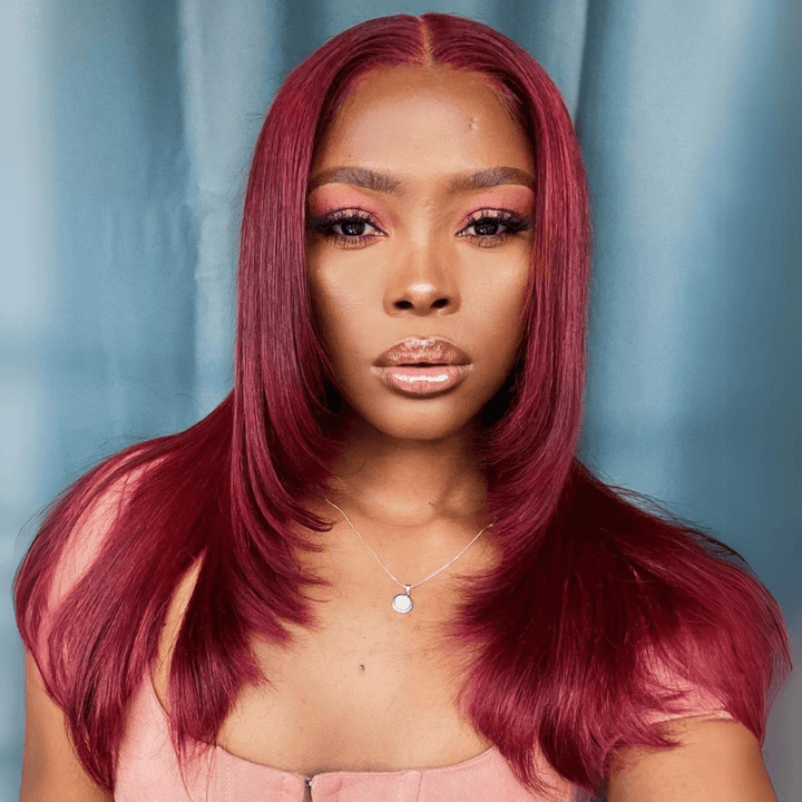 Layered Cut Glueless Burgundy Lace Front Human Hair Wig 99J Wine Red Colored 13x4 HD Transparent Lace Frontal Wig