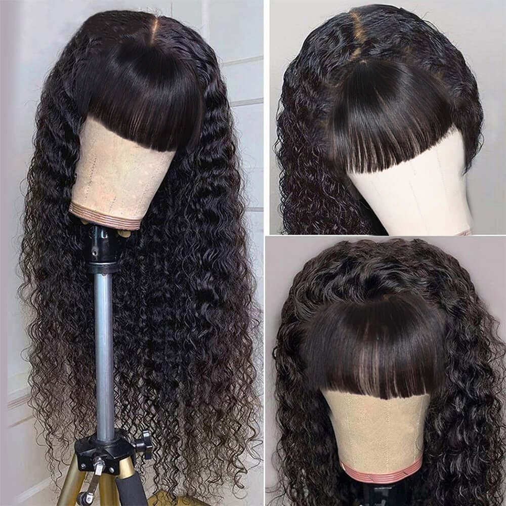 Peluca Bob de onda profunda con flequillo limpio, sin cola, súper asequible, hecha a máquina, cabello virgen, pelucas de cabello humano brasileño, cabello ostentoso