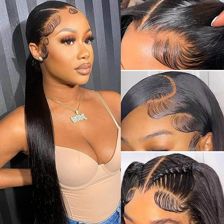Long Straight 13x6 Lace Frontal Wig Natural Black Human Hair Wigs Free Part