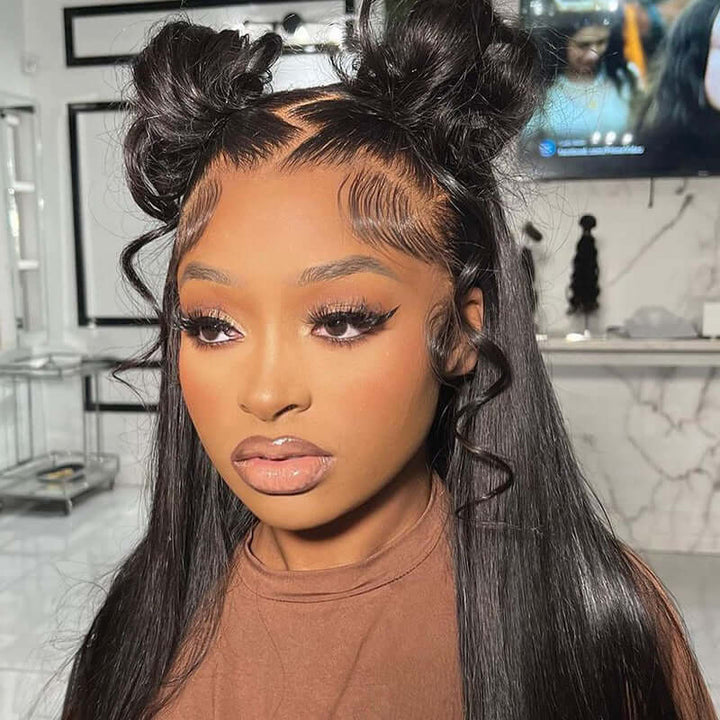 Long Straight 13x6 Lace Frontal Wig Natural Black Human Hair Wigs Free Part