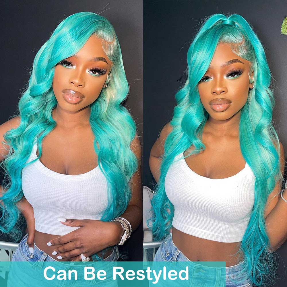 Mint Green Color Body Wave Human Hair Wigs Pre Plucked With Baby Hair Bling Hair