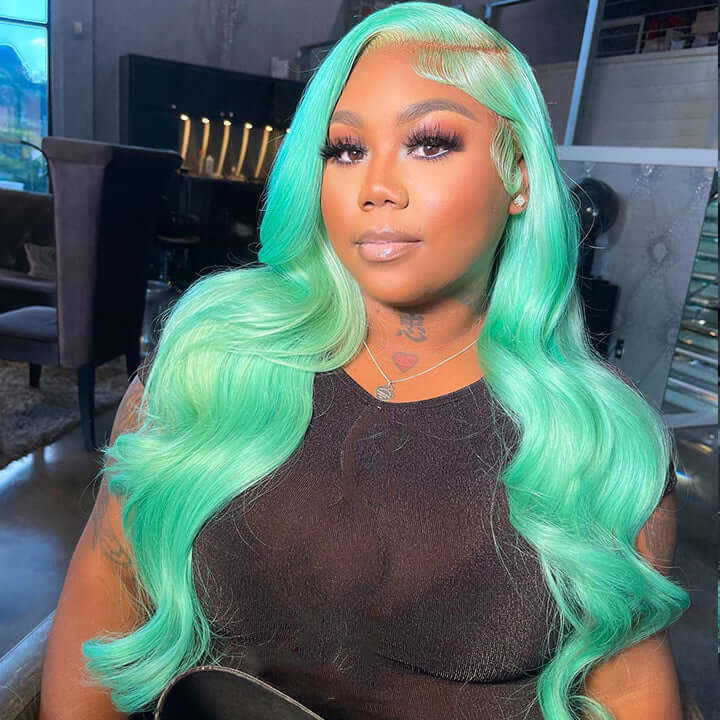 Mint Green Color Body Wave Human Hair Wigs Pre Plucked With Baby Hair Bling Hair