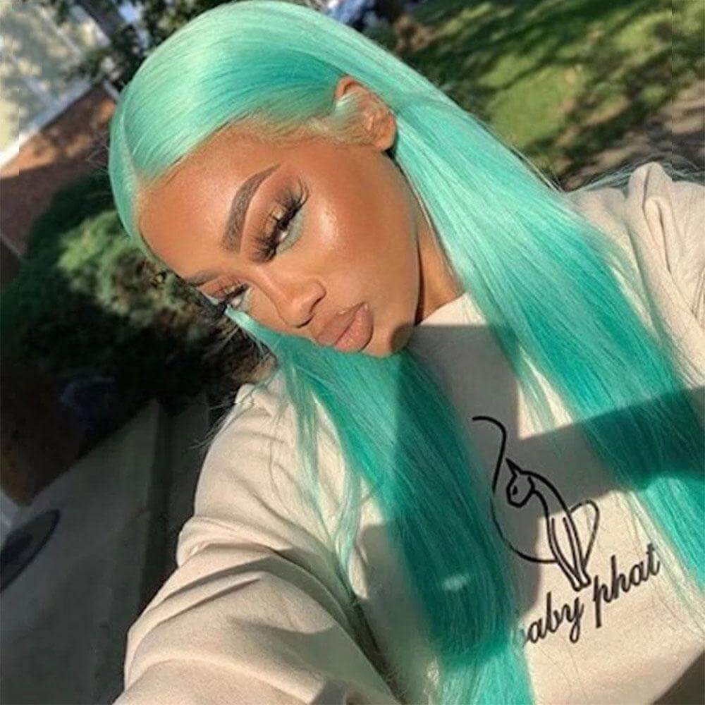 Mint Green Color Body Wave Human Hair Wigs Pre Plucked With Baby Hair Bling Hair