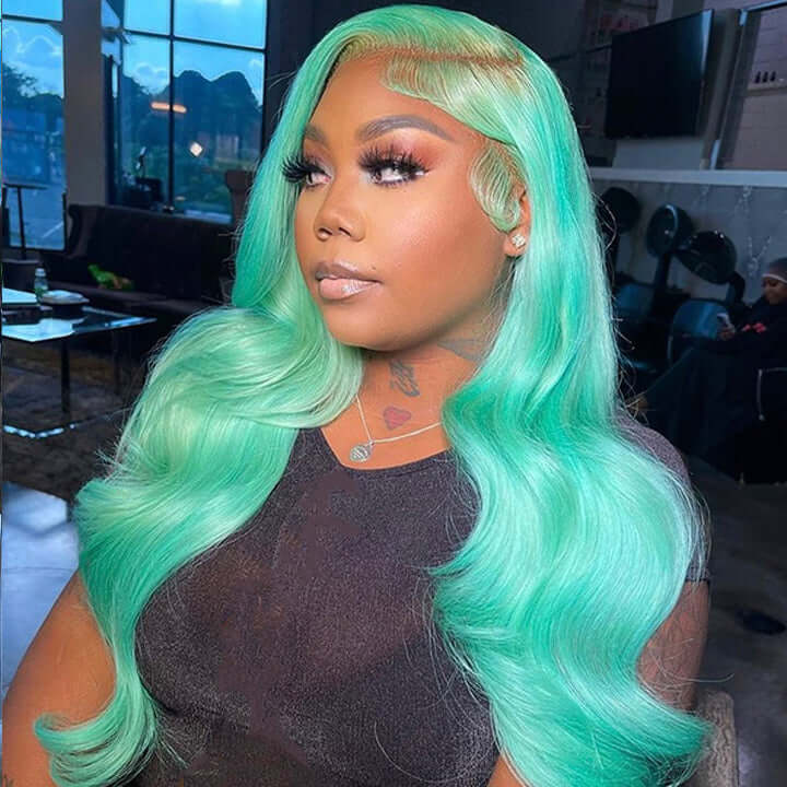 Mint Green Color Body Wave Human Hair Wigs Pre Plucked With Baby Hair Bling Hair
