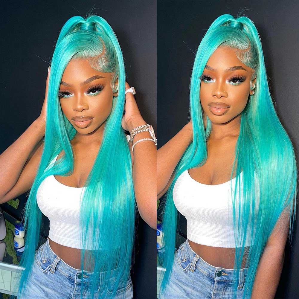 Mint Green Color Body Wave Human Hair Wigs Pre Plucked With Baby Hair Bling Hair