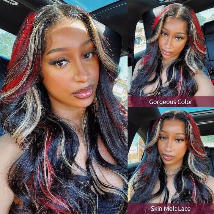 Multi Color Highlight Wigs Loose Body 13x4 Lace Front Wigs Black With Blonde Red Streaks