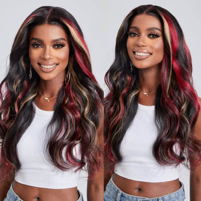 Multi Color Highlight Wigs Loose Body 13x4 Lace Front Wigs Black With Blonde Red Streaks