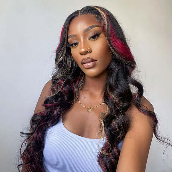 Multi Color Highlight Wigs Loose Body 13x4 Lace Front Wigs Black With Blonde Red Streaks