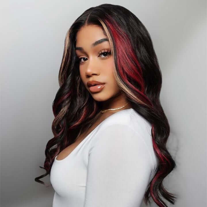 Multi Color Highlight Wigs Loose Body 13x4 Lace Front Wigs Black With Blonde Red Streaks