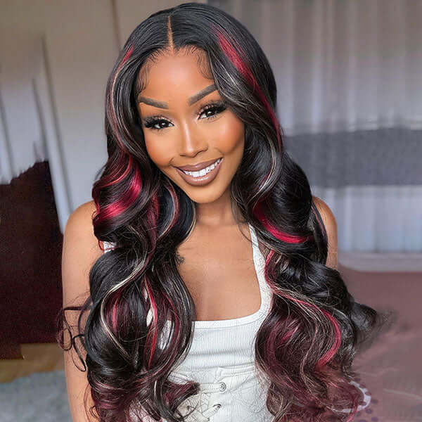 Multi Color Highlight Wigs Loose Body 13x4 Lace Front Wigs Black With Blonde Red Streaks