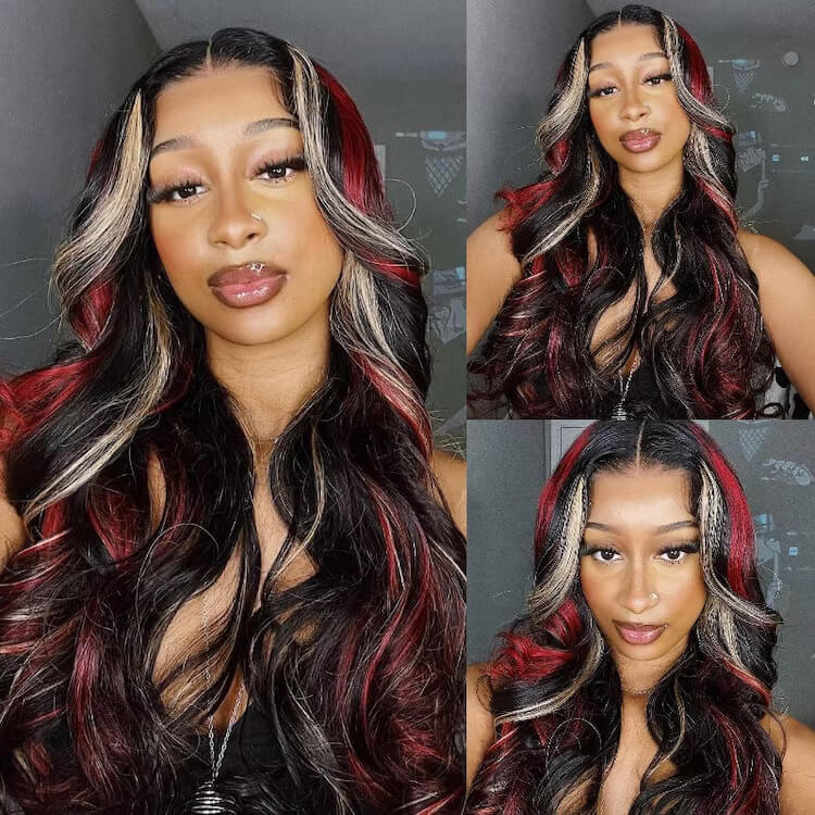 Multi Color Highlight Wigs Loose Body 13x4 Lace Front Wigs Black With Blonde Red Streaks