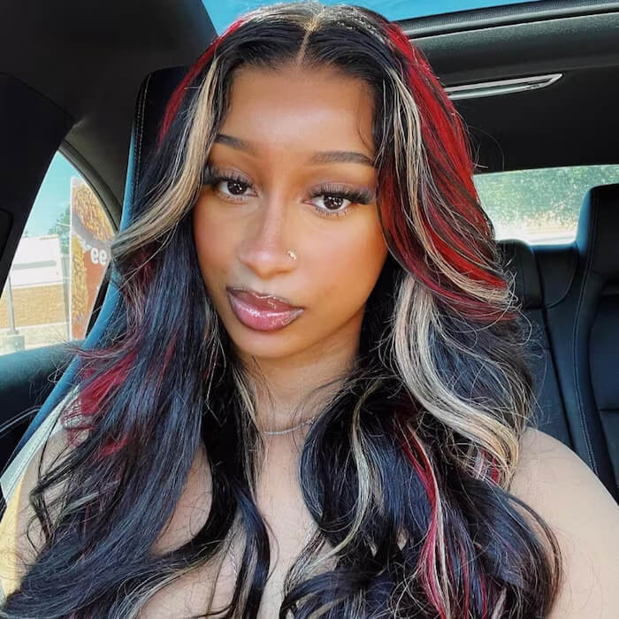Multi Color Highlight Wigs Loose Body 13x4 Lace Front Wigs Black With Blonde Red Streaks