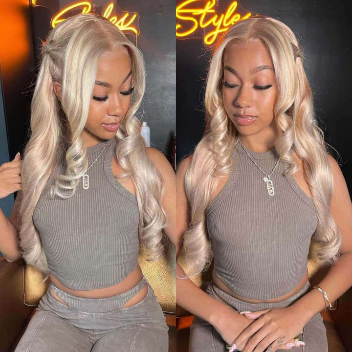 Perfect Flawless Ash Blonde Straight Highlight Glueless Lace Frontal Human Hair Wigs BlingHair
