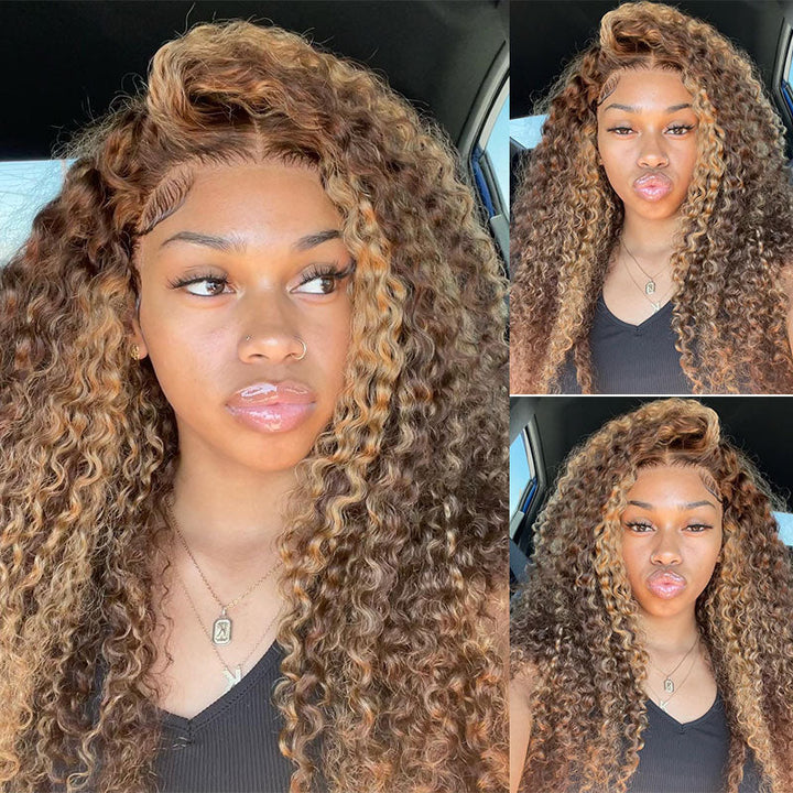 Pre-Cut Lace Pull Go Glueless Wig Honey Blonde Piano Highlight Color Curly Wear Go Wig