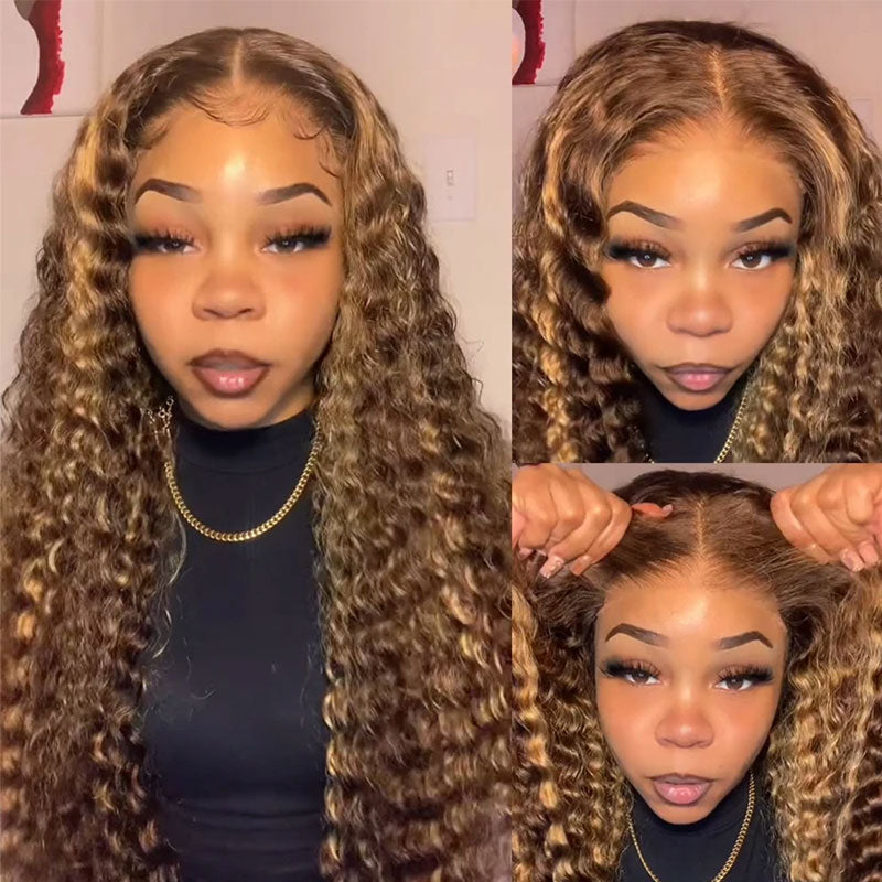 Pre-Cut Lace Pull Go Glueless Wig Honey Blonde Piano Highlight Color Curly Wear Go Wig