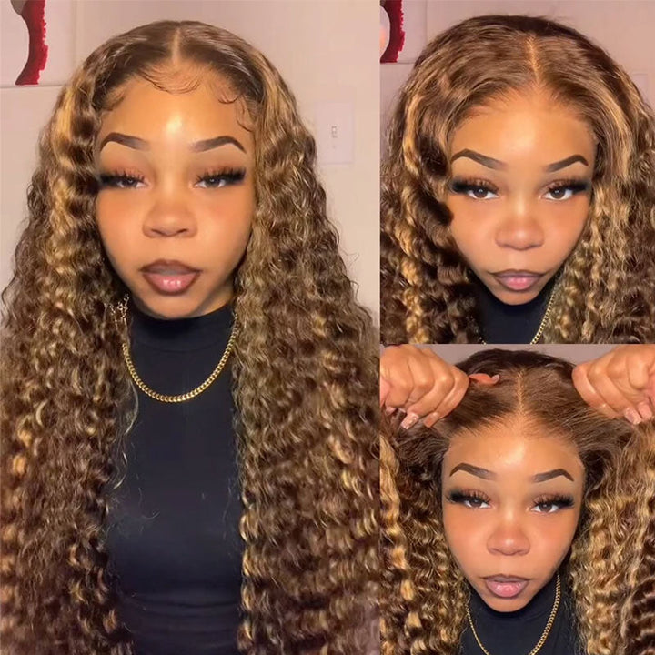 Pre-Cut Lace Pull Go Glueless Wig Honey Blonde Piano Highlight Color Curly Wear Go Wig