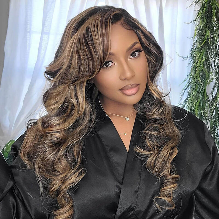 Glueless Wigs Human Hair Balayage Highlights Colored Lace Frontal Human Hair Wigs Body Wave/Straight