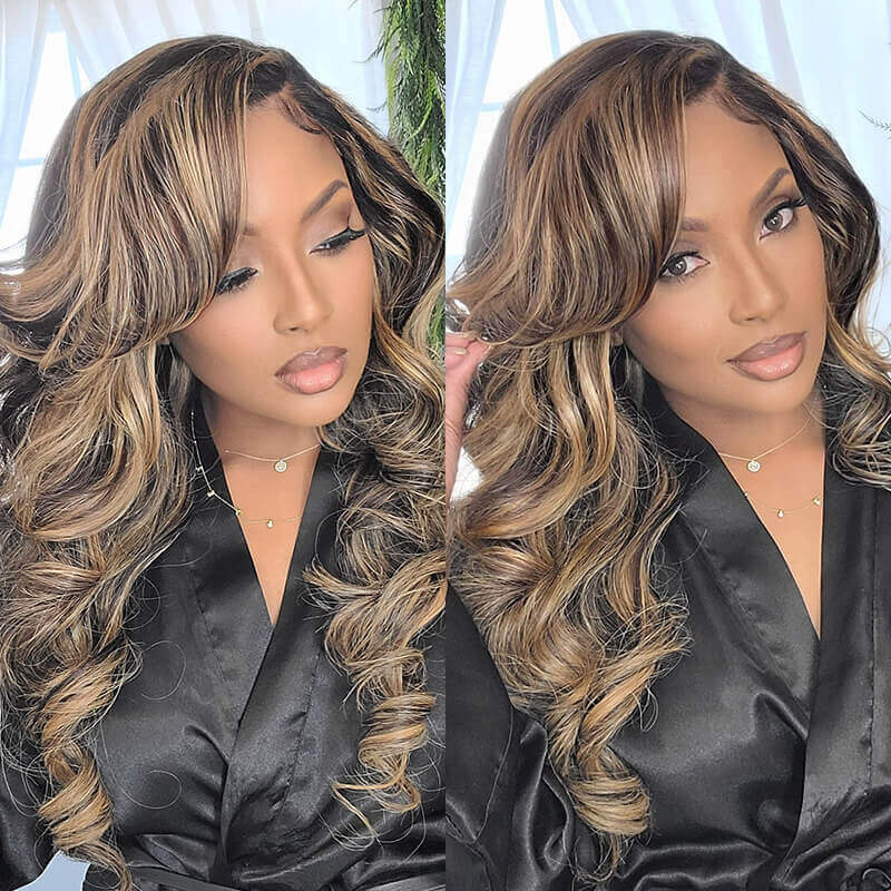 Glueless Wigs Human Hair Balayage Highlights Colored Lace Frontal Human Hair Wigs Body Wave/Straight