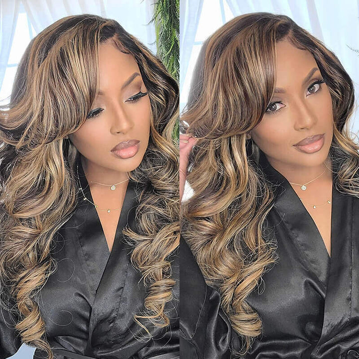 Glueless Wigs Human Hair Balayage Highlights Colored Lace Frontal Human Hair Wigs Body Wave/Straight