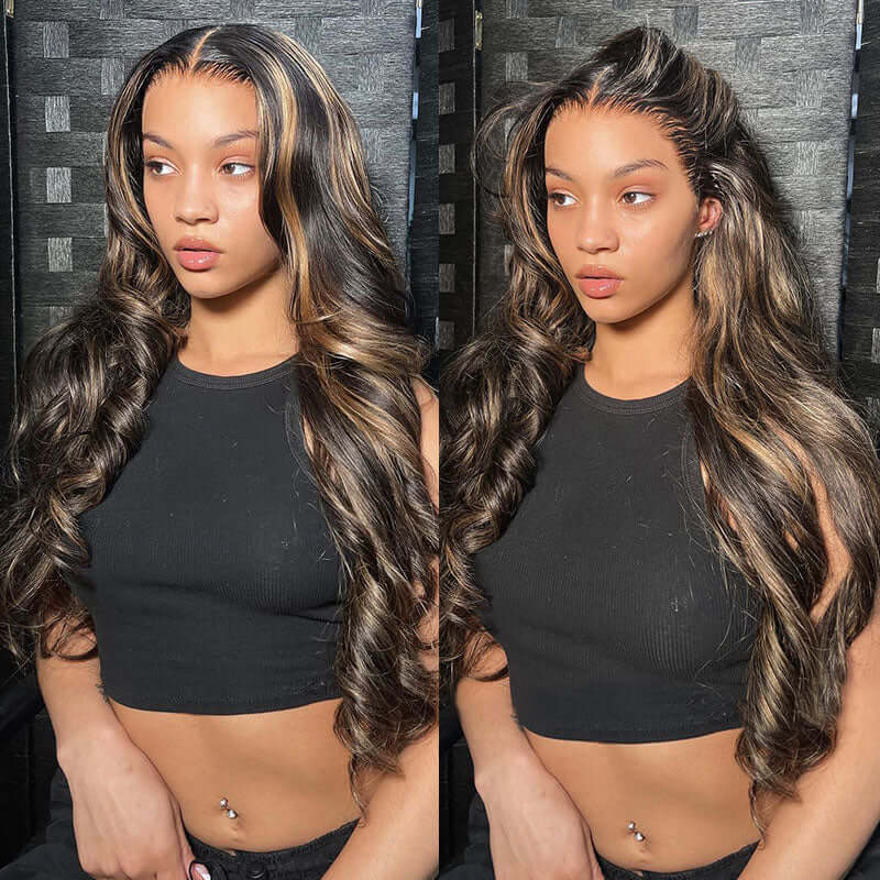 Glueless Wigs Human Hair Balayage Highlights Colored Lace Frontal Human Hair Wigs Body Wave/Straight