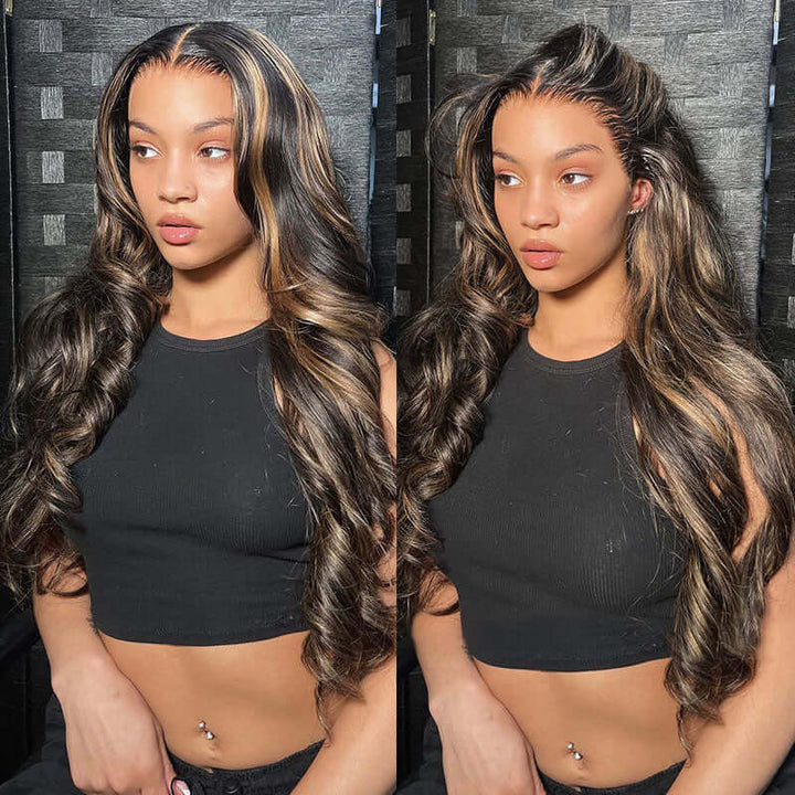 Glueless Wigs Human Hair Balayage Highlights Colored Lace Frontal Human Hair Wigs Body Wave/Straight