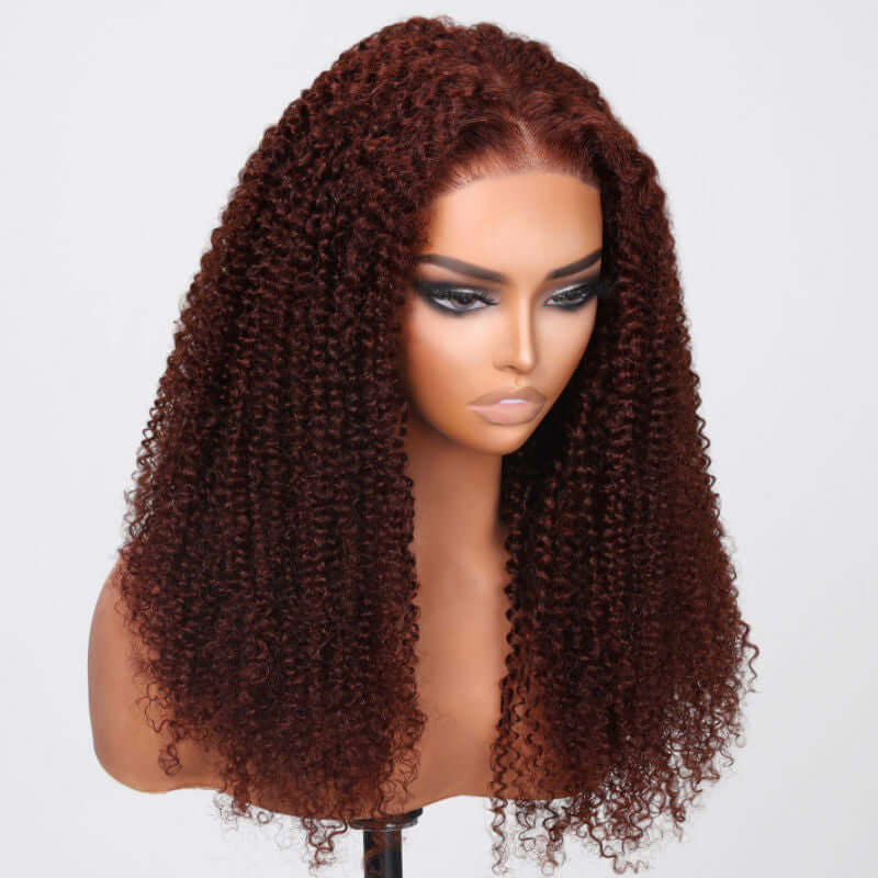 Reddish Brown Kinky Curly 6x4 Pre-Cut Breathable Cap Lace Front Human Hair Wig Easy to Wear