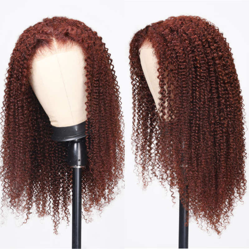 Reddish Brown Kinky Curly 6x4 Pre-Cut Breathable Cap Lace Front Human Hair Wig Easy to Wear