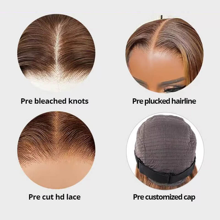 Ready To Wear Pre-Cut 4x6 Highlight Piano Color Straight Glueless Bob Wig with Pre Plucked Hairline & Bleached Knots