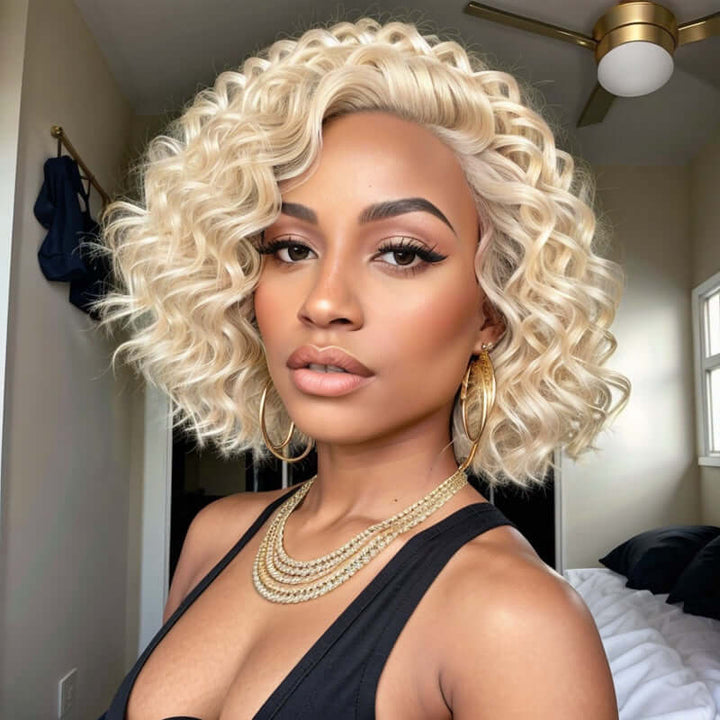 Short Wavy Human Hair Wigs #613 Blonde Lace Front Glueless Wear Go Bob Wigs