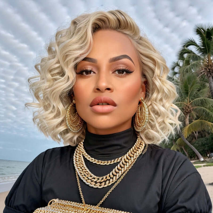 Short Wavy Human Hair Wigs #613 Blonde Lace Front Glueless Wear Go Bob Wigs
