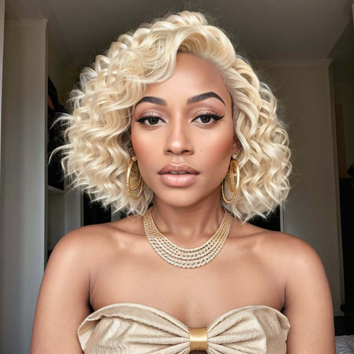 Short Wavy Human Hair Wigs #613 Blonde Lace Front Glueless Wear Go Bob Wigs