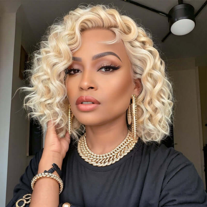 Short Wavy Human Hair Wigs #613 Blonde Lace Front Glueless Wear Go Bob Wigs