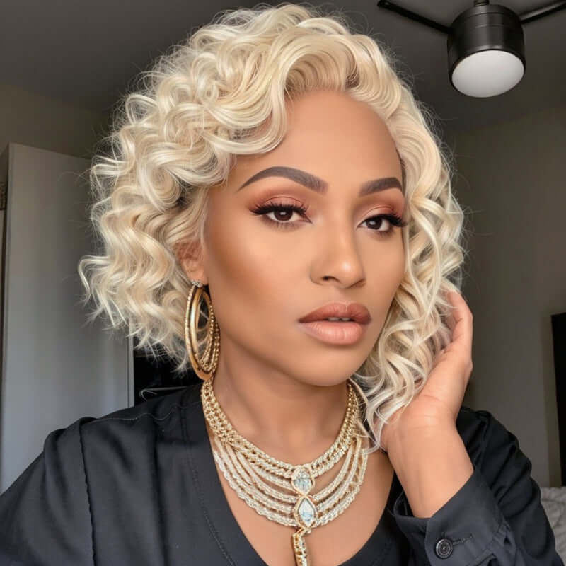 Short Wavy Human Hair Wigs #613 Blonde Lace Front Glueless Wear Go Bob Wigs