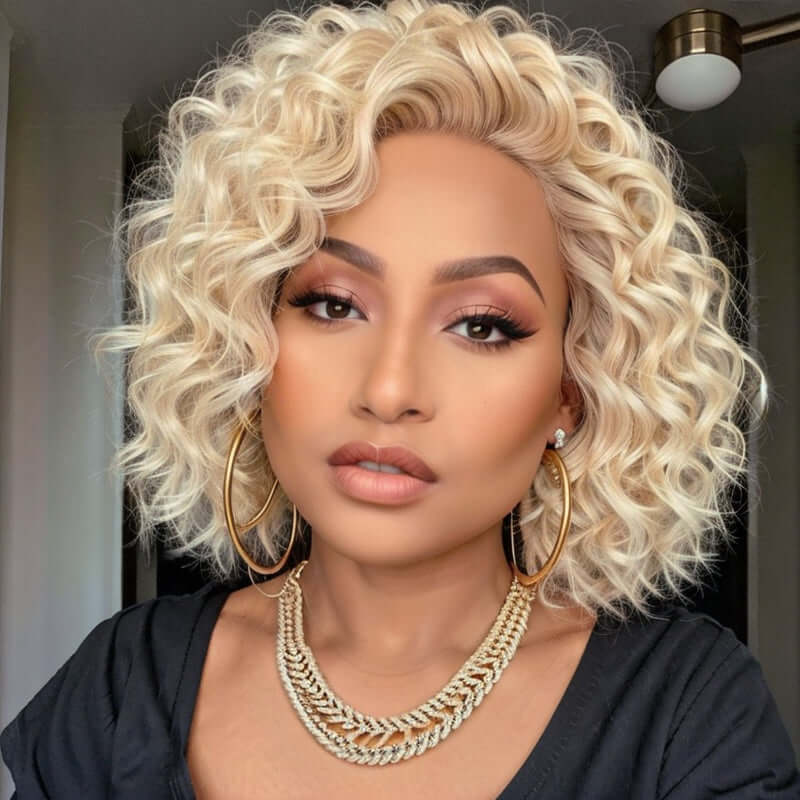 Short Wavy Human Hair Wigs #613 Blonde Lace Front Glueless Wear Go Bob Wigs
