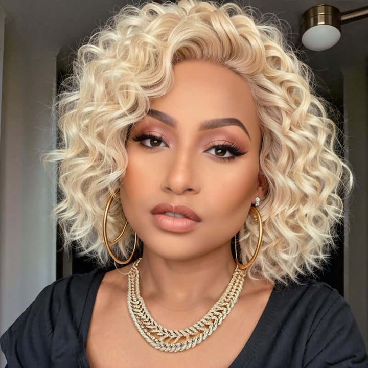 Short Wavy Human Hair Wigs #613 Blonde Lace Front Glueless Wear Go Bob Wigs