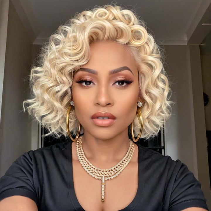Short Wavy Human Hair Wigs #613 Blonde Lace Front Glueless Wear Go Bob Wigs