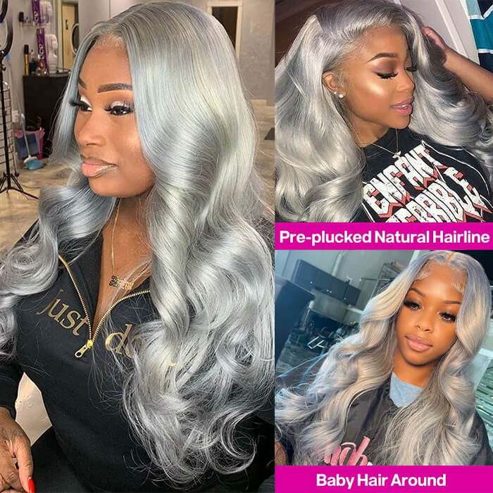 Silver Grey Body Wave Lace Frontal Human Brazilian Hair Colored Wigs For Women