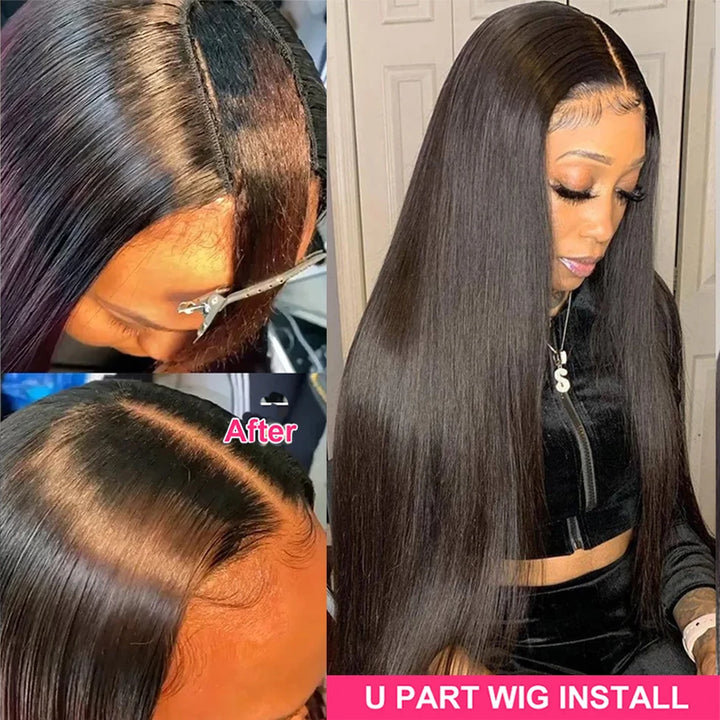 Straight U Part Natural Brazilian Human Hair Long Wigs Non Lace For Black Women