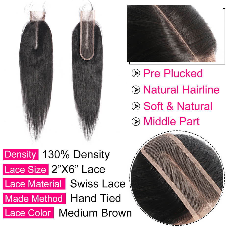 Droite 2*6 Dentelle Fermeture Couleur Naturelle Cheveux Humains Partie Moyenne Fermeture bling cheveux