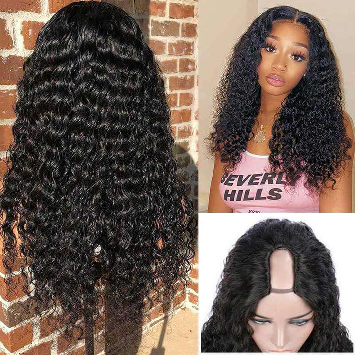 BrazilianDeepWaveVirginRemyGluelessFullHeadClipinHalfWigUShapeWig hair wigs