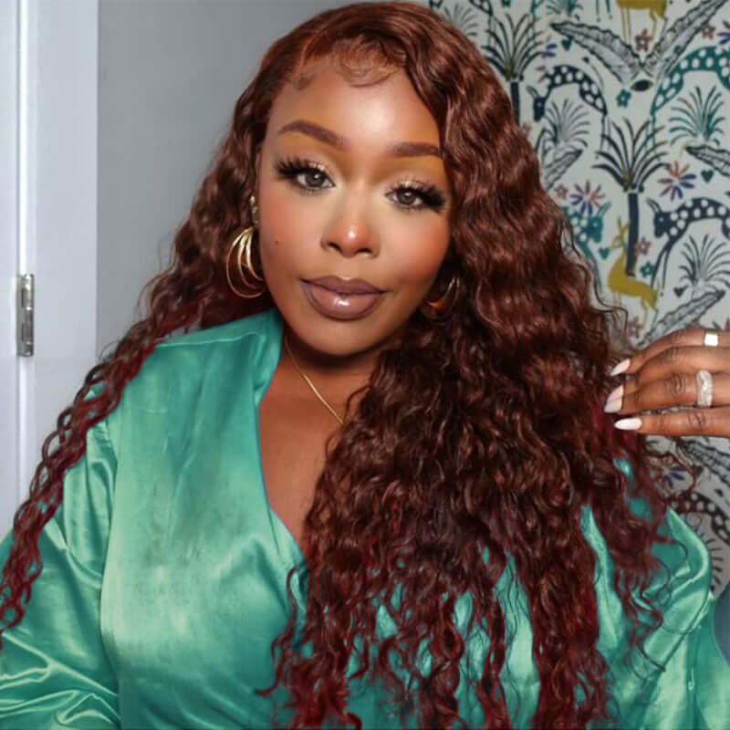 Water Wave Auburn Reddish Color Wig Transparent Lace Human Hair Wig