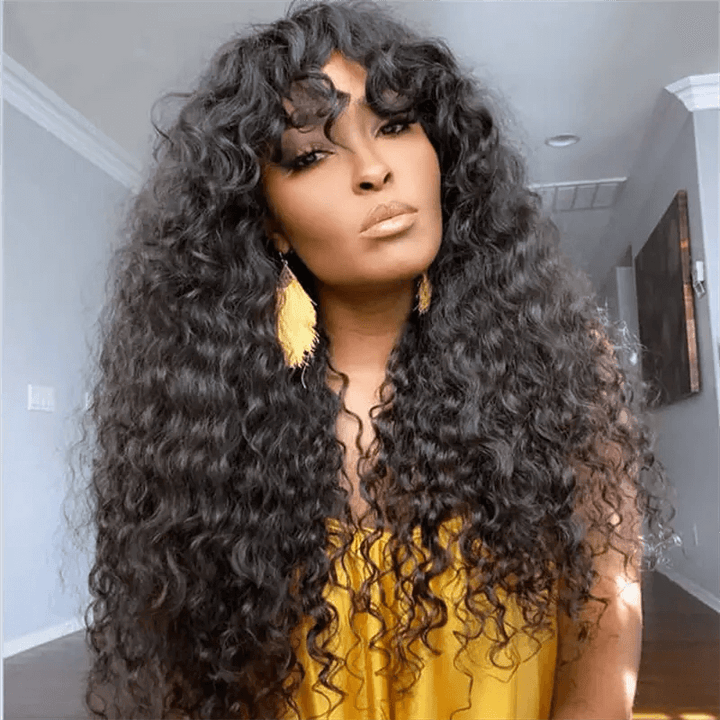 Water Wave Machine Made Wigs Human Hair Wig With Free Part Bangs
