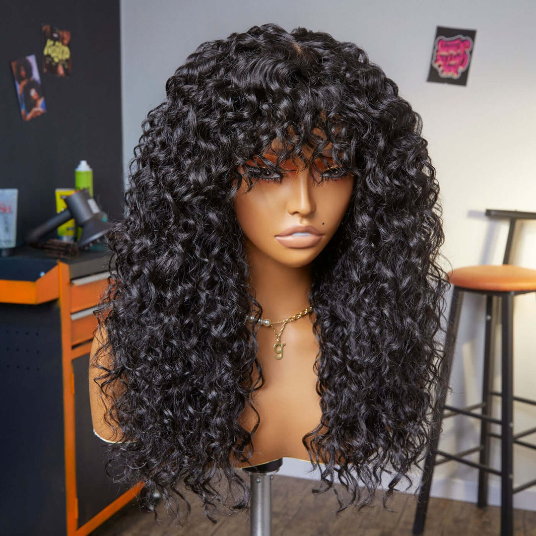 Water Wave Machine Made Wigs Human Hair Wig With Free Part Bangs