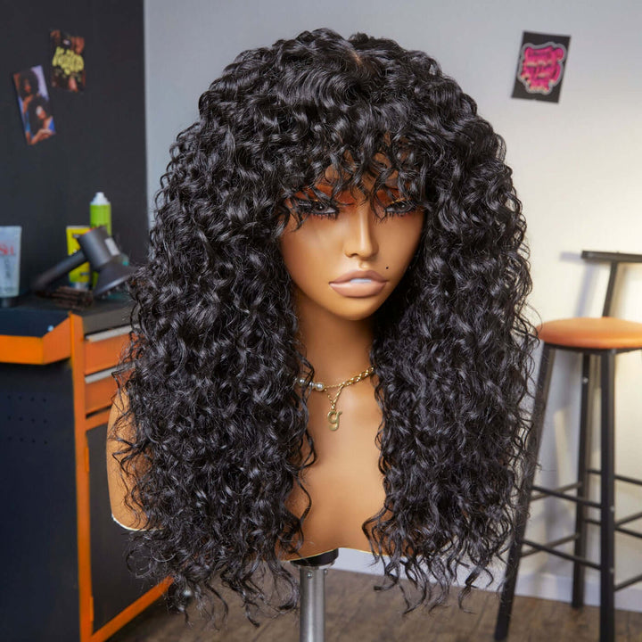 Water Wave Machine Made Wigs Human Hair Wig With Free Part Bangs