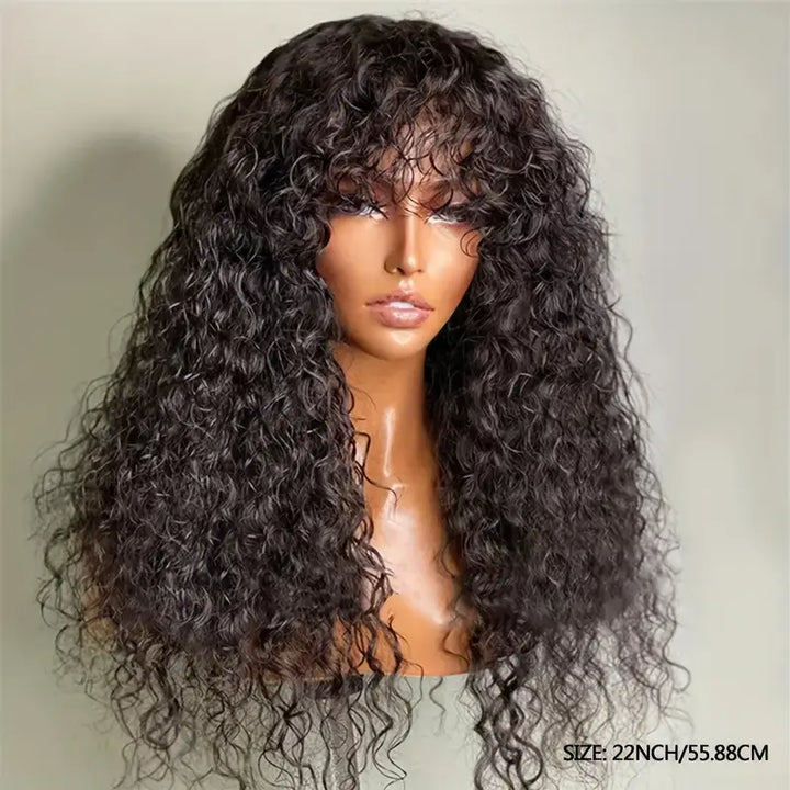 Water Wave Machine Made Wigs Human Hair Wig With Free Part Bangs