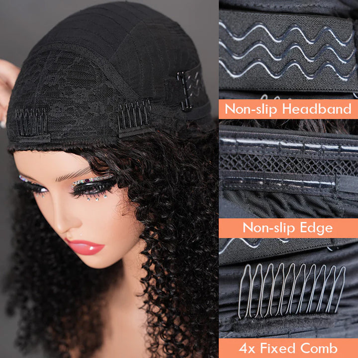 [No Code Needed] Kinky Curly Human Hair Half Wig With Drawstring 3 IN 1 Seamless Clip Ins Flip Over