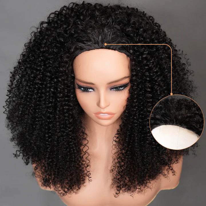 [No Code Needed] Kinky Curly Human Hair Half Wig With Drawstring 3 IN 1 Seamless Clip Ins Flip Over