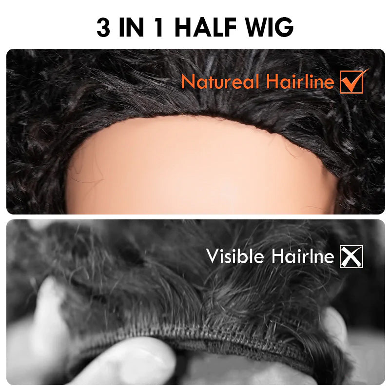 [No Code Needed] 3 In 1 Curly Half Wig Human Hair Flip Over Glueless Wig with Drawstrings
